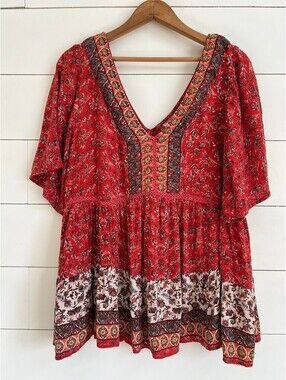 Romantic Gypsy Red Floral Boho Peplum Top Size XL Babydoll Feminine
